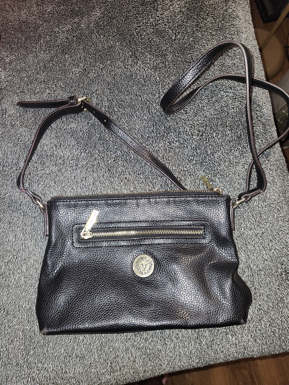Anne Klein Black Pebbled Leather Crossbody with Gold Logo Accent